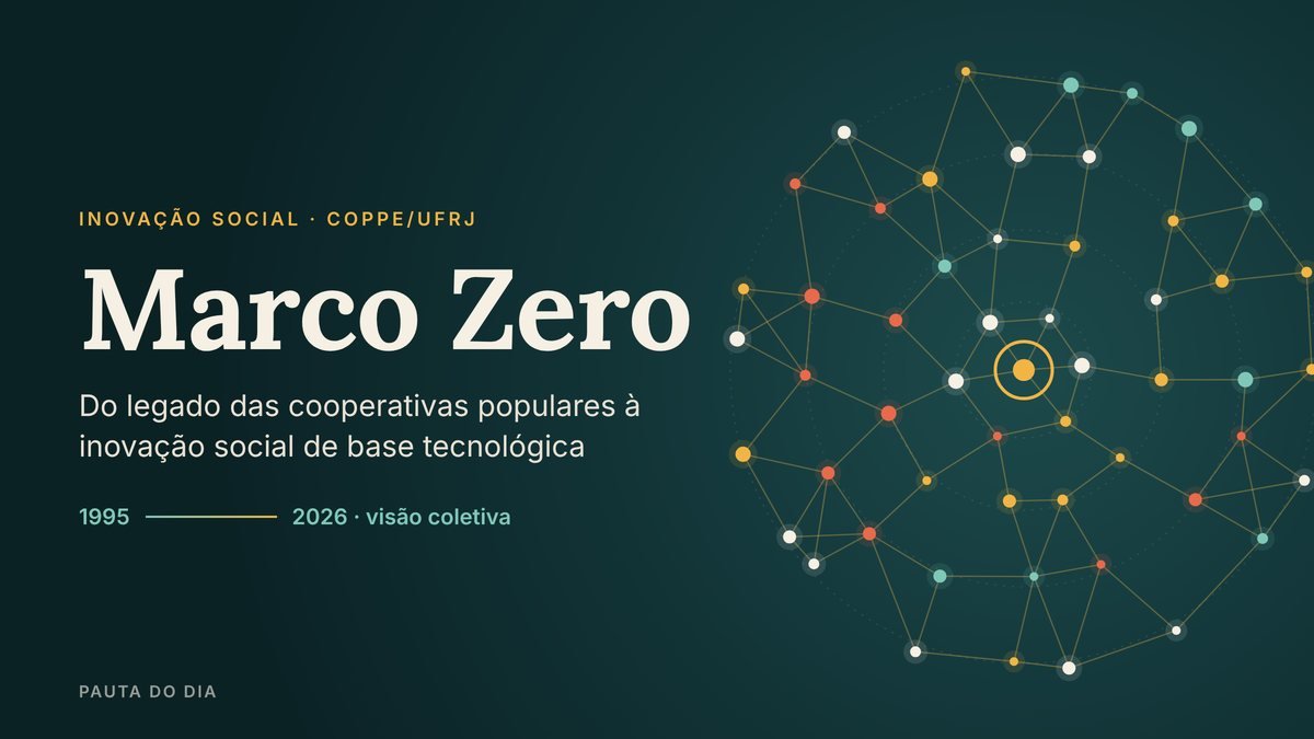 Arte do Pauta do Dia: rede de pontos conectados ao redor de um marco central, com o título Marco Zero